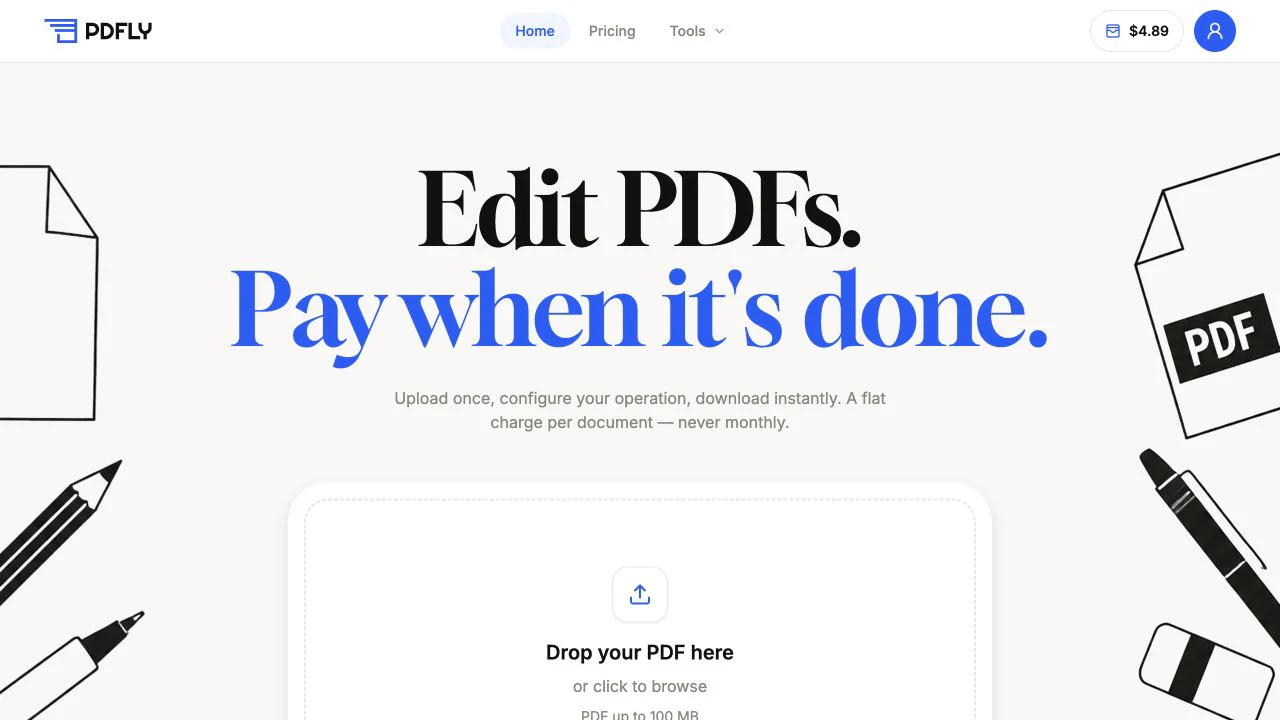 Главная страница PDFly с зоной загрузки PDF-документа