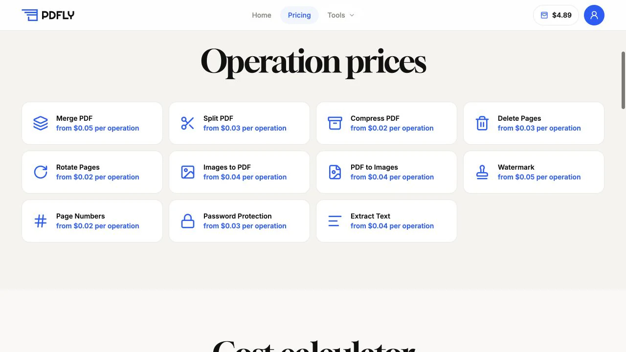 Страница PDFly с ценами на одиннадцать операций с PDF