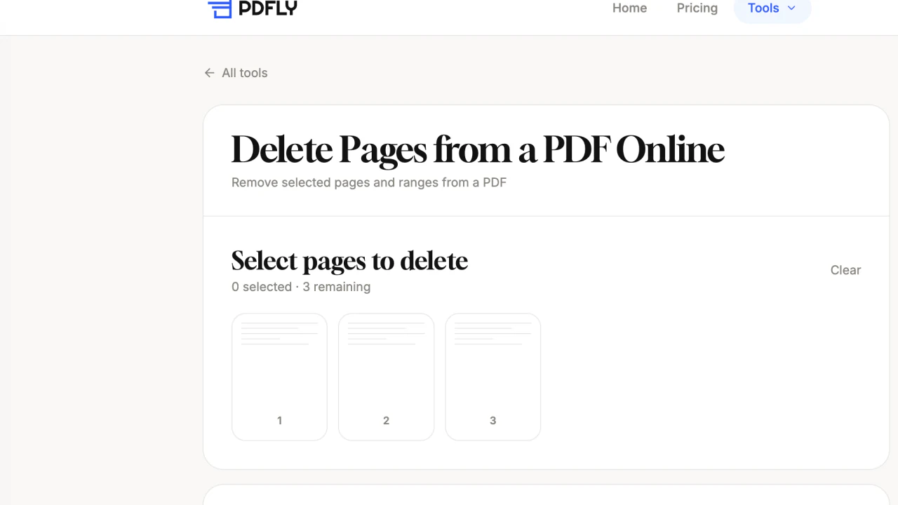 Интерфейс PDFly для выбора и удаления страниц из PDF