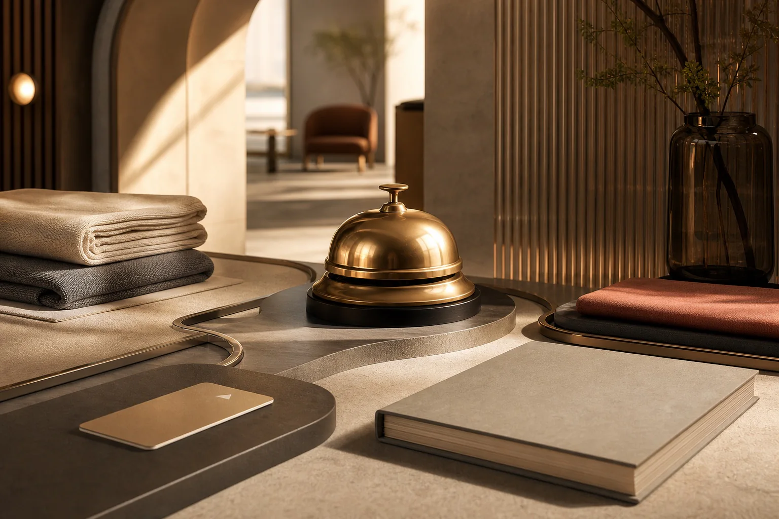 Обложка кейса Hospitality Lab с сервисным звонком, ключом и учебными материалами