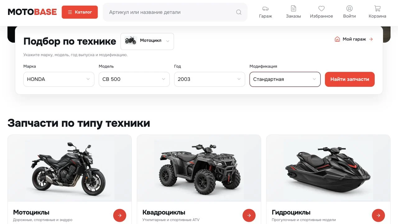 Последовательный выбор Honda CB 500 2003 года в селекторе техники