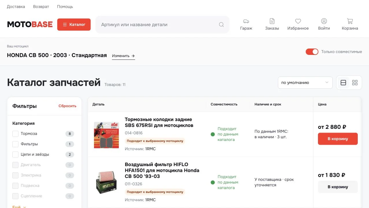 Табличный каталог с колонками детали, совместимости, наличия, срока и цены